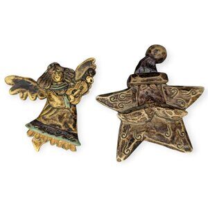 Resin Christmas Holiday Large Pins Featuring Angel & Star Santa Set of 2